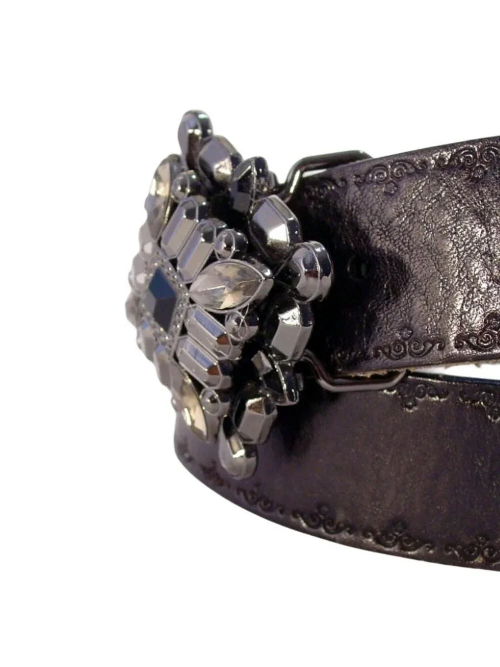 FOSSIL Tooled Leather Belt Black/Gunmetal/Smoky Crystal Buckle Women's M - Picture 3 of 7